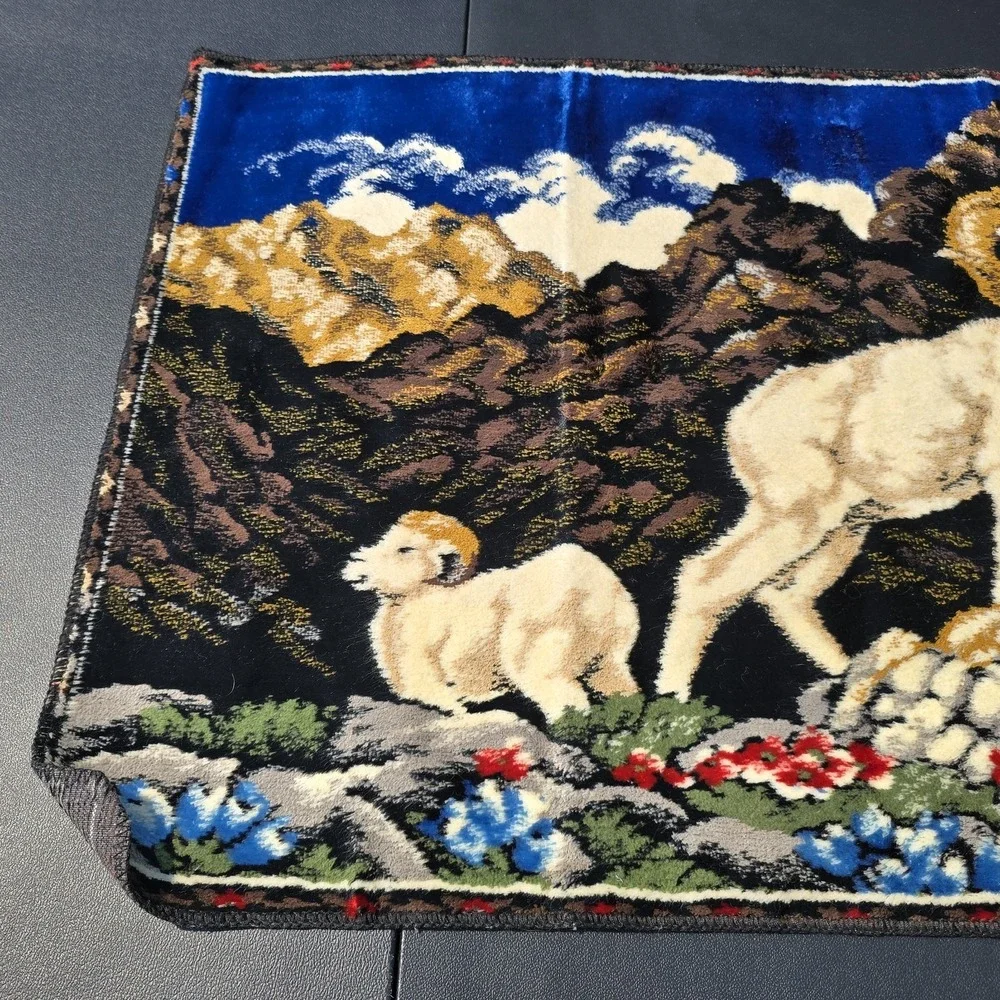 Vintage Italian Velvet Tapestry Mountain Sheep Scene Woven 38x19 Wall Hanging